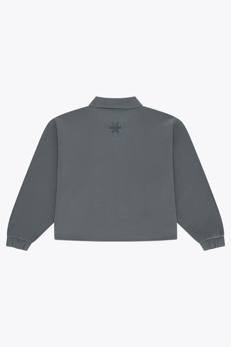 Women’s dark grey zip polo sweater, back view with small star logo