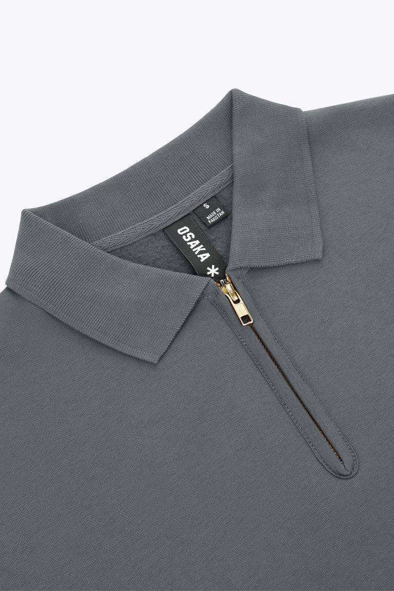 Women’s dark grey zip polo sweater, close-up of collar and zipper pull