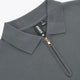 Women’s dark grey zip polo sweater, close-up of collar and zipper pull
