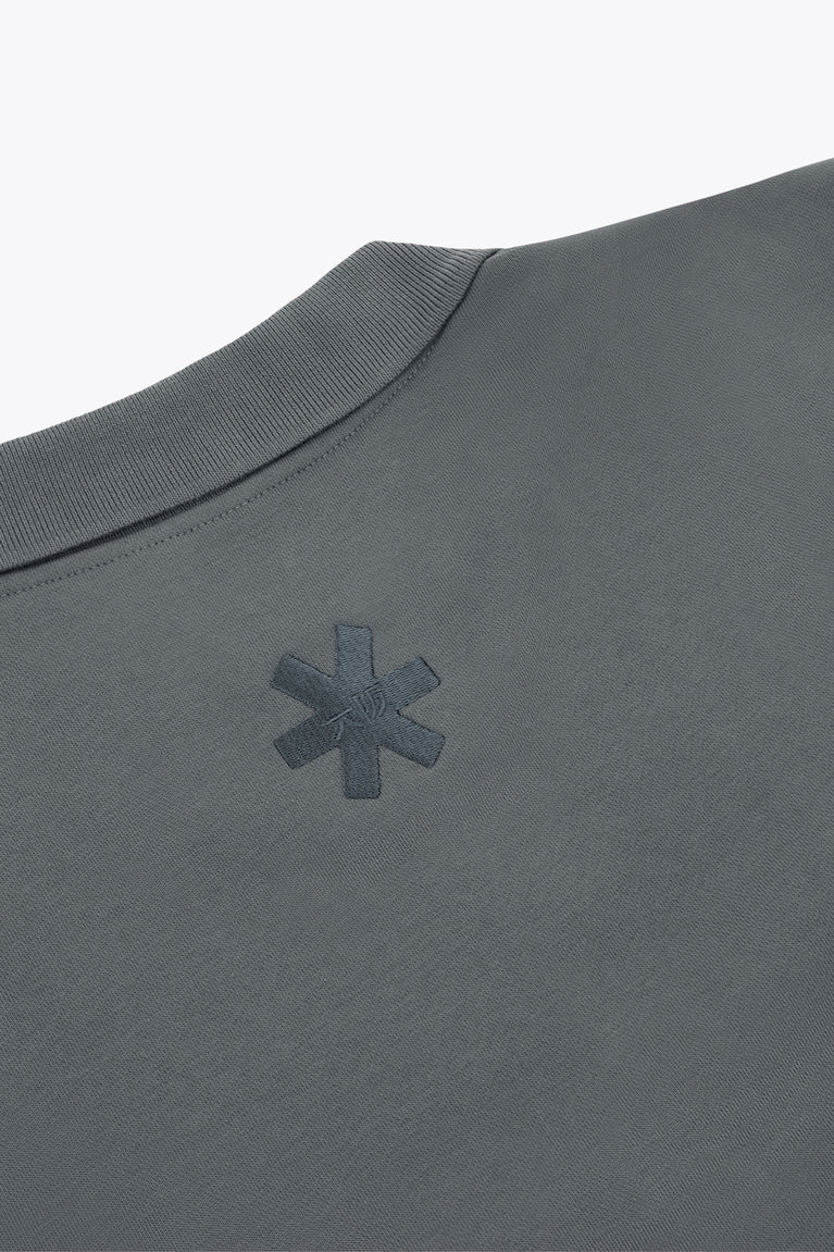 Women’s dark grey zip polo sweater, small cross/star detail on back yoke