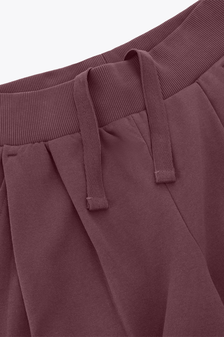 Plum wide-leg sweatpants with ribbed waistband and drawstring tie