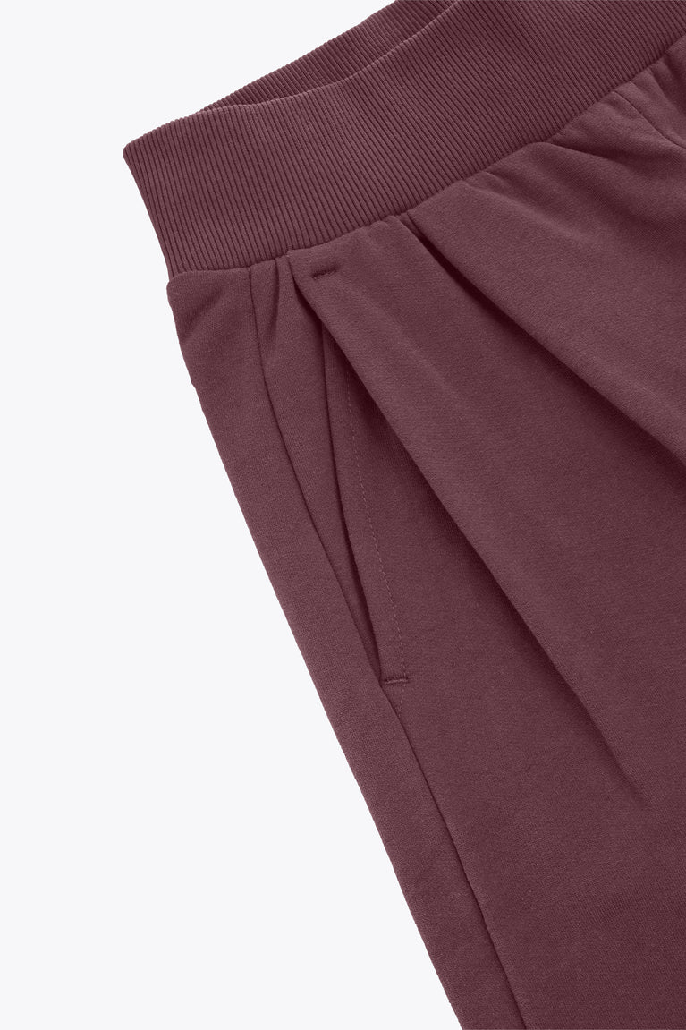 Plum wide-leg sweatpants with gathered front pleats and ribbed hem
