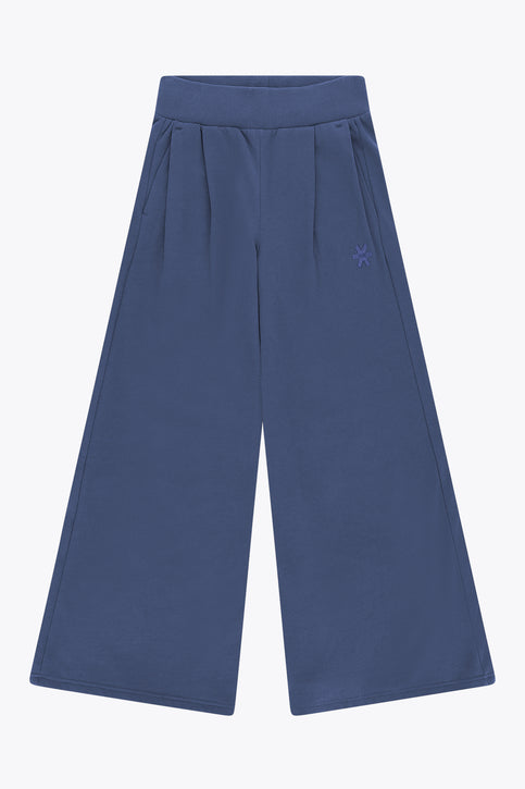 Women’s wide-leg sweatpants, dark blue with ribbed elastic waistband and front pleats