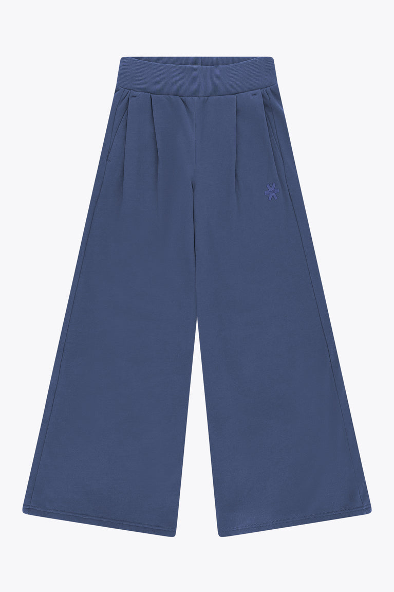 Women’s wide-leg sweatpants, dark blue with ribbed elastic waistband and front pleats