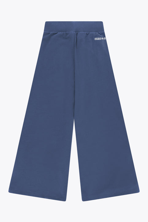 Women’s wide-leg sweatpants, dark blue with ribbed elastic waistband and front pleats