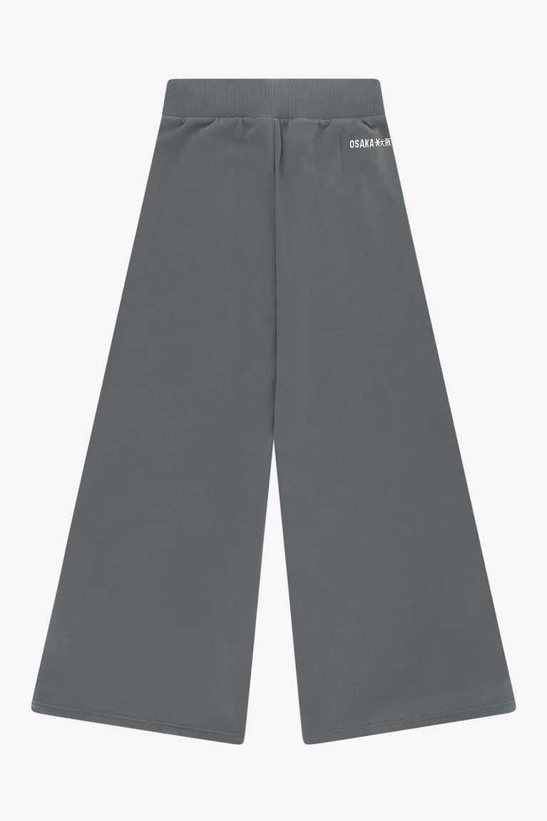 Dark grey melange wide-leg sweatpants, back view, elastic waist and patch logo