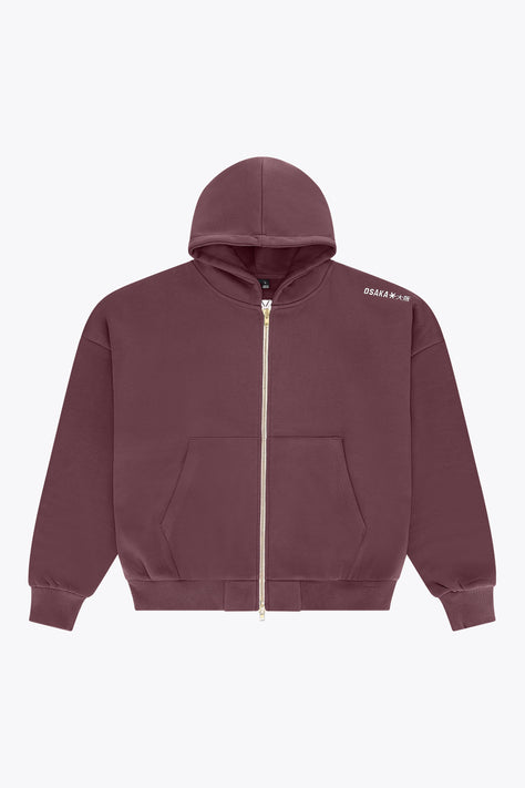 Men's full-zip hoodie, dark maroon, hooded with kangaroo pocket and chest logo