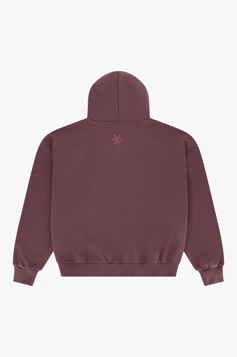 Men's full-zip hoodie, dark maroon, back with small star logo under the hood