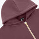 Men's full-zip hoodie close-up, dark maroon hood and gold zipper with tag