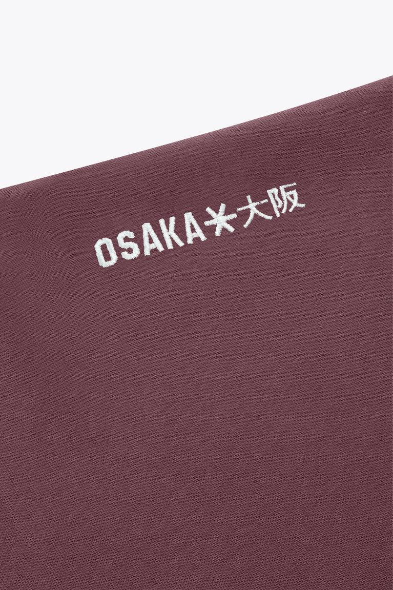 Men's full-zip hoodie neck logo text, dark maroon fabric with embroidered Osaka
