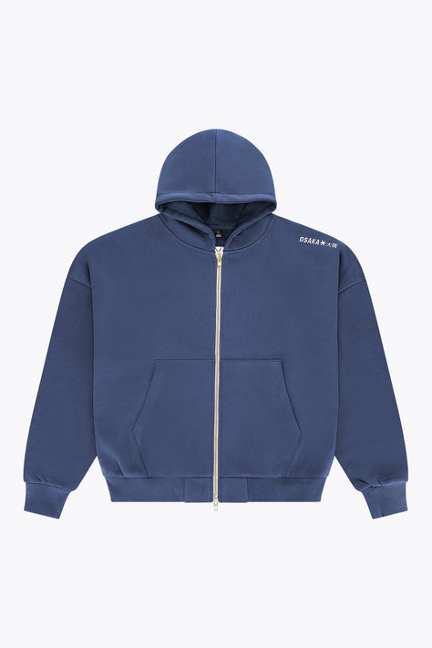 Men's full-zip hoodie, dark blue hood and gold zipper pull at center front