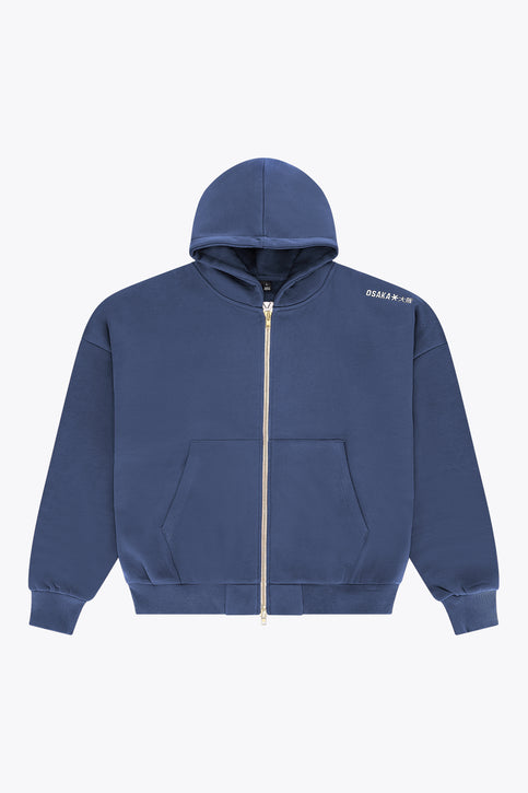 Men's full-zip hoodie, dark blue hood and gold zipper pull at center front
