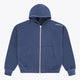 Men's full-zip hoodie, dark blue hood and gold zipper pull at center front