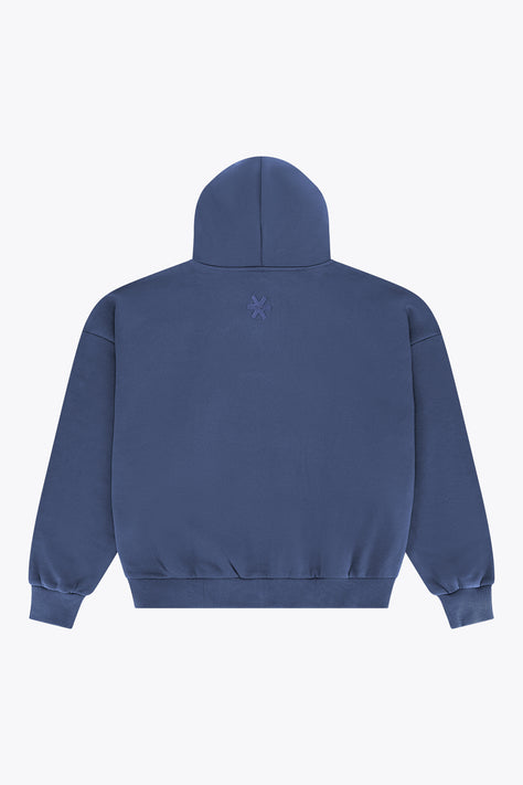Men's full-zip hoodie, dark blue hood and gold zipper pull at center front