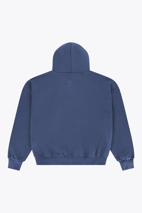 Men's full-zip hoodie, dark blue hood and gold zipper pull at center front