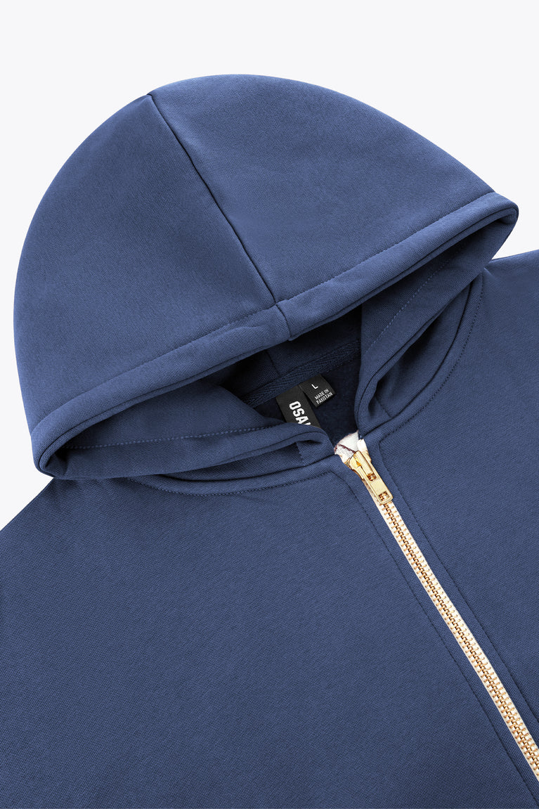 Men's hooded full-zip hoodie close-up, dark blue hood and gold zipper teeth