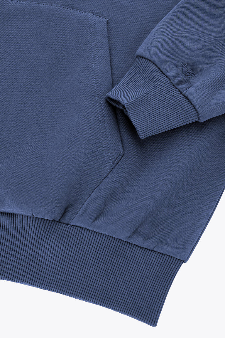 Men's full-zip hoodie cuff and ribbed hem, dark blue knit trim