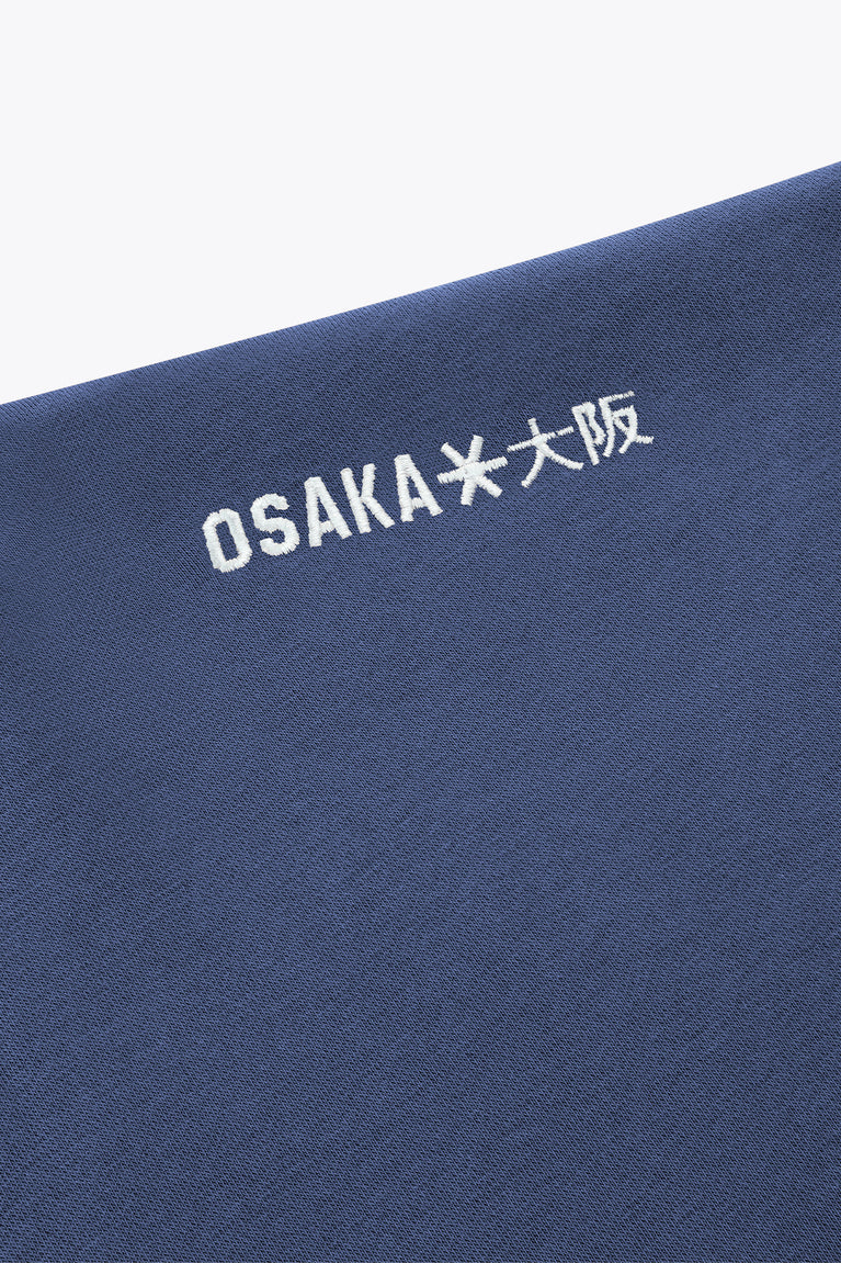 Men's full-zip hoodie back graphic text, white Osaka lettering on dark blue