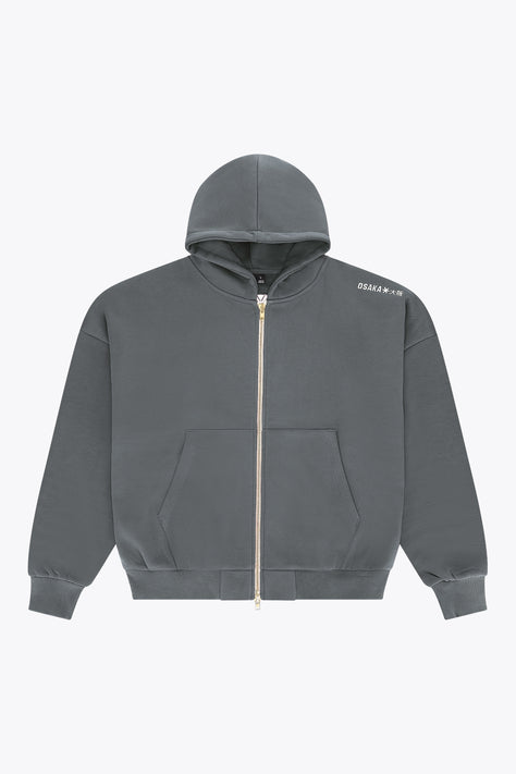 Men's dark grey melange full-zip hoodie with adjustable hood and front pockets