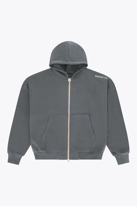 Men's dark grey melange full-zip hoodie with adjustable hood and front pockets