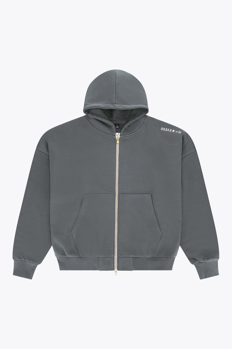 Men's dark grey melange full-zip hoodie with adjustable hood and front pockets