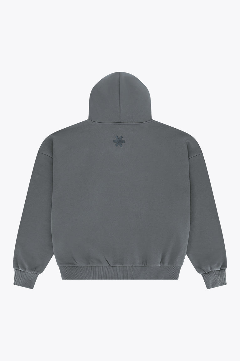Men's dark grey melange full-zip hoodie, back view with small chest emblem