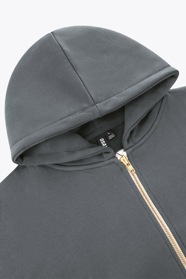 Dark grey melange full-zip hoodie hood with close-up view of zipper area