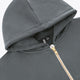 Dark grey melange full-zip hoodie hood with close-up view of zipper area