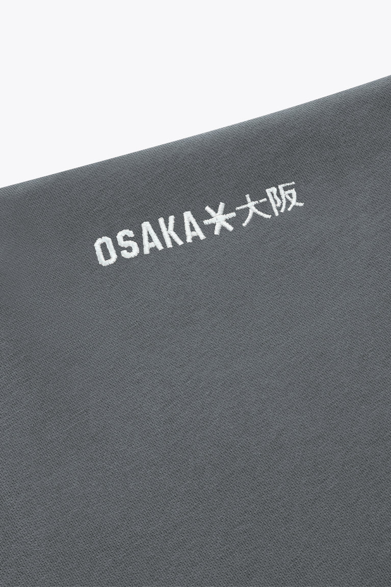 Dark grey melange hoodie with white printed text on back panel