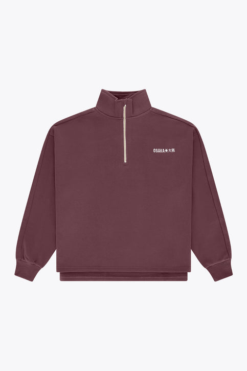 Men's Peppercorn half-zip sweater with stand collar, gold zipper, long sleeves