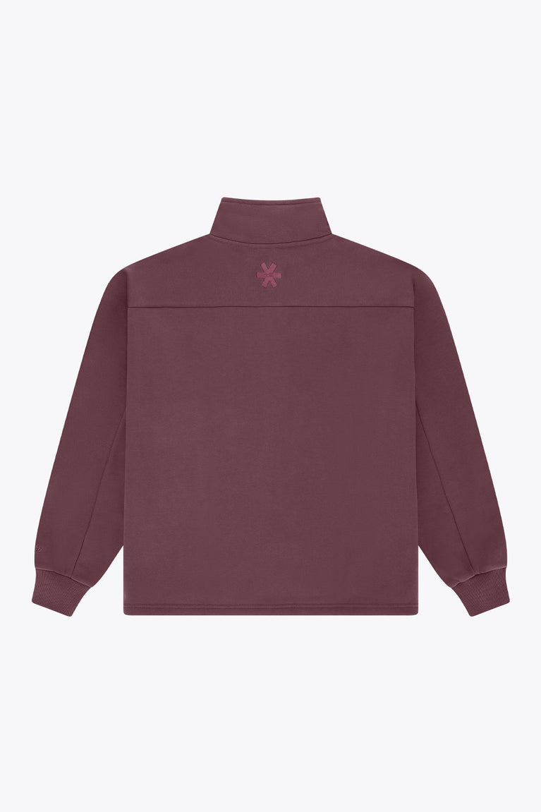 Men's Peppercorn half-zip sweater back view with small star logo and ribbed hem