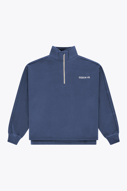 Men's navy half-zip sweater with stand collar and yellow zipper trim.