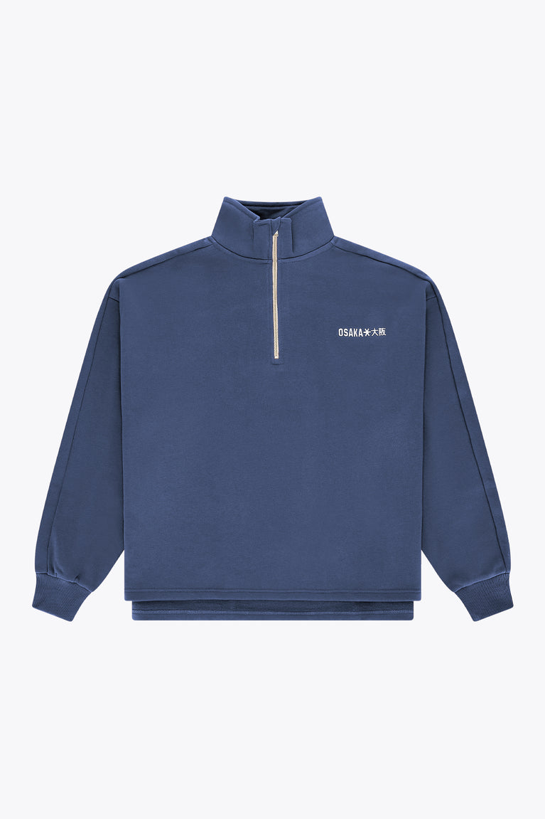 Men's navy half-zip sweater with stand collar and yellow zipper trim.