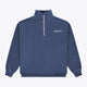 Men's navy half-zip sweater with stand collar and yellow zipper trim.