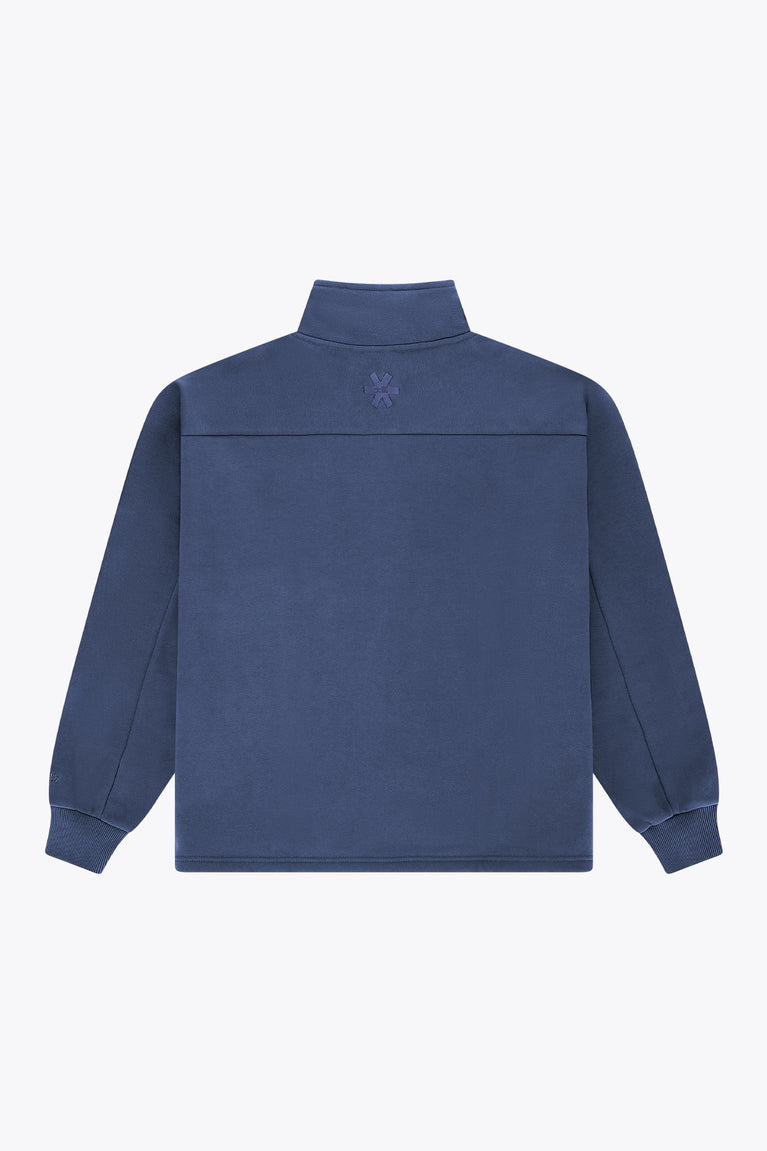 Men's navy half-zip pullover sweater with stand collar and small back embroidery.