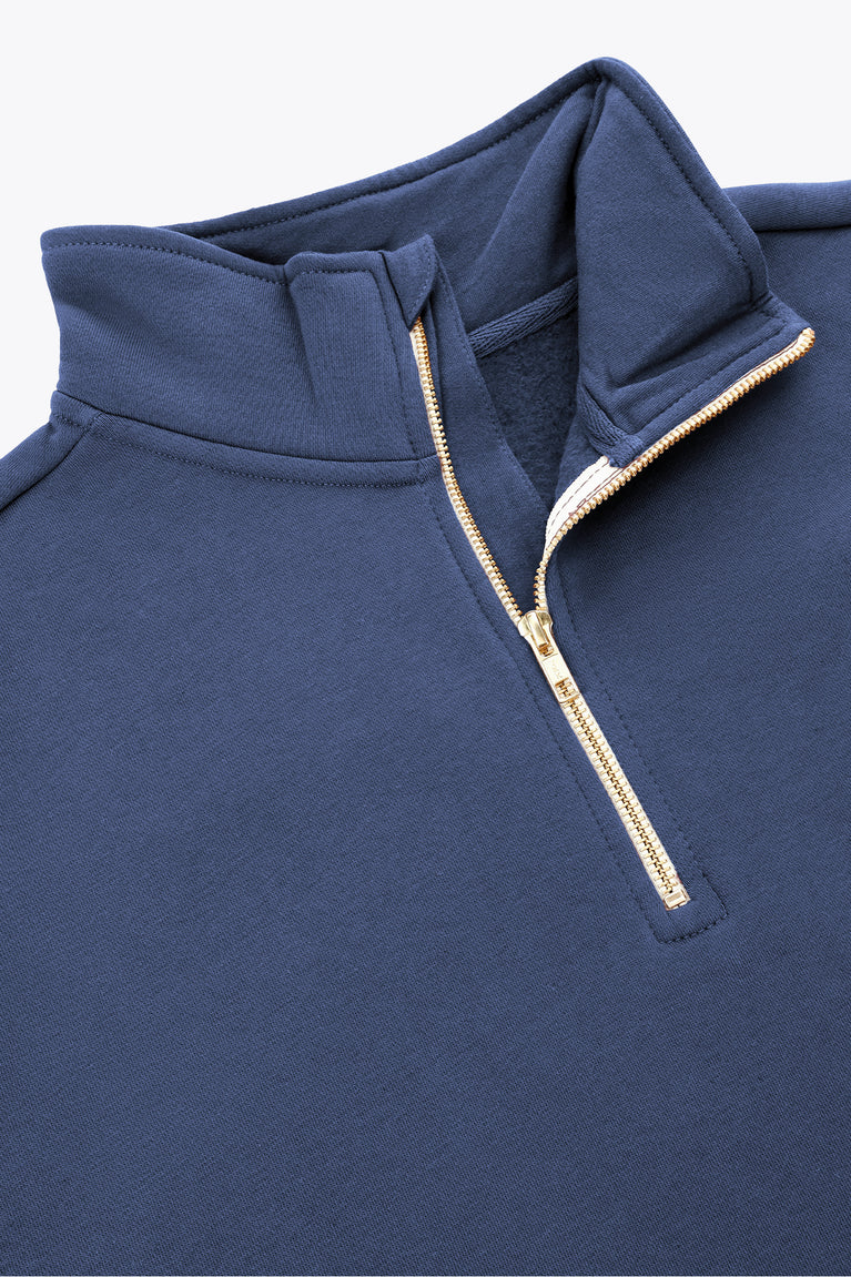 Men's navy half-zip sweater with ribbed collar and yellow zipper teeth.