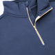 Men's navy half-zip sweater with ribbed collar and yellow zipper teeth.