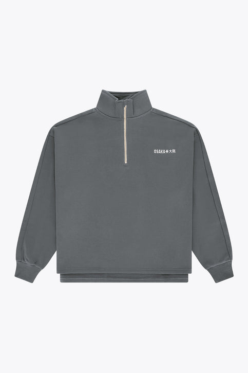 Men's dark grey melange half-zip sweater with stand collar and ribbed hem