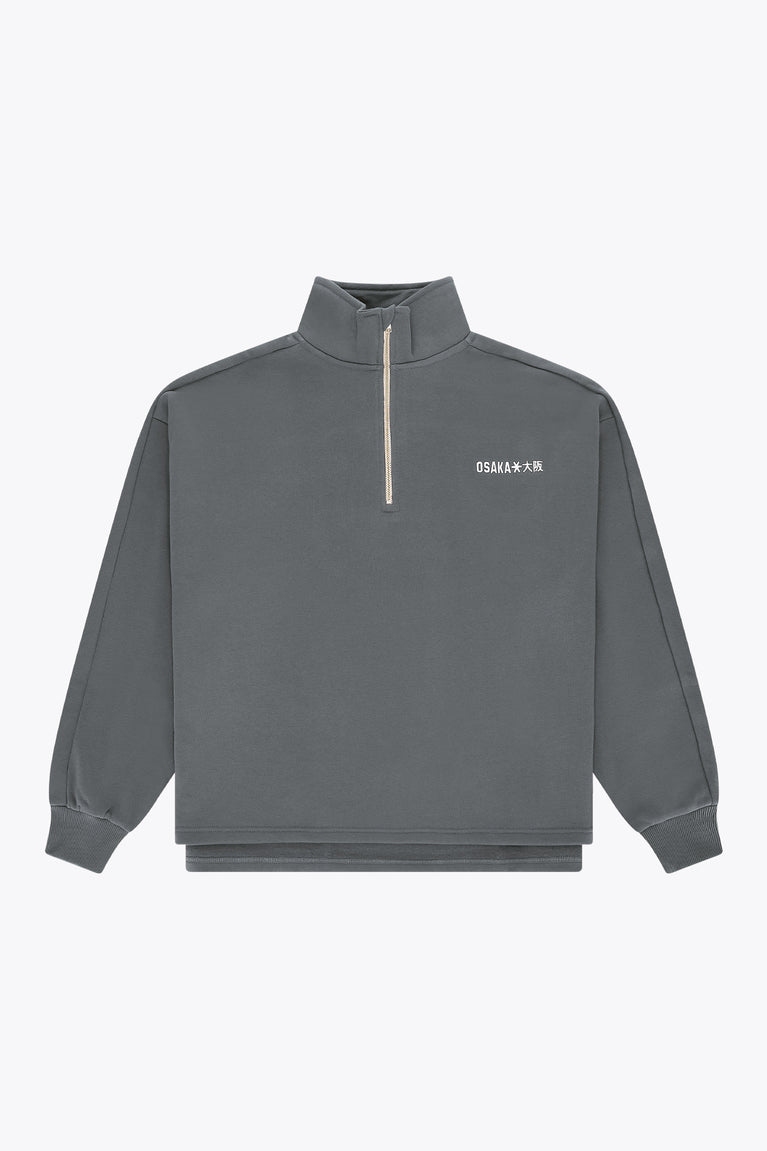 Men's dark grey melange half-zip sweater with stand collar and ribbed hem