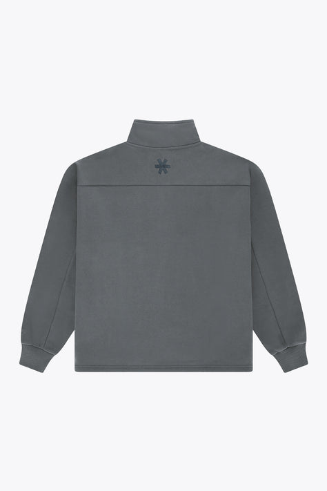 Men's dark grey melange half-zip sweater with stand collar and ribbed hem