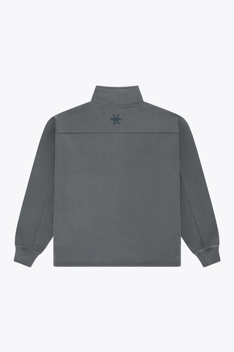 Men's dark grey melange half-zip sweater with stand collar and ribbed hem