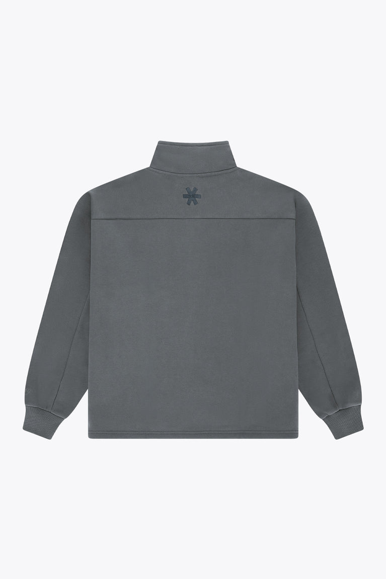 Men's dark grey melange half-zip sweater, back view with small star logo