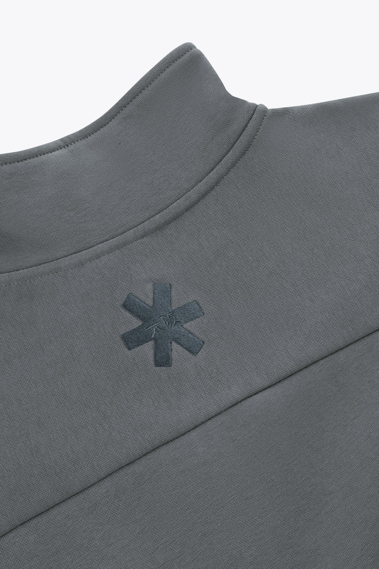 Dark grey half-zip sweater chest with stitched star emblem and high neck