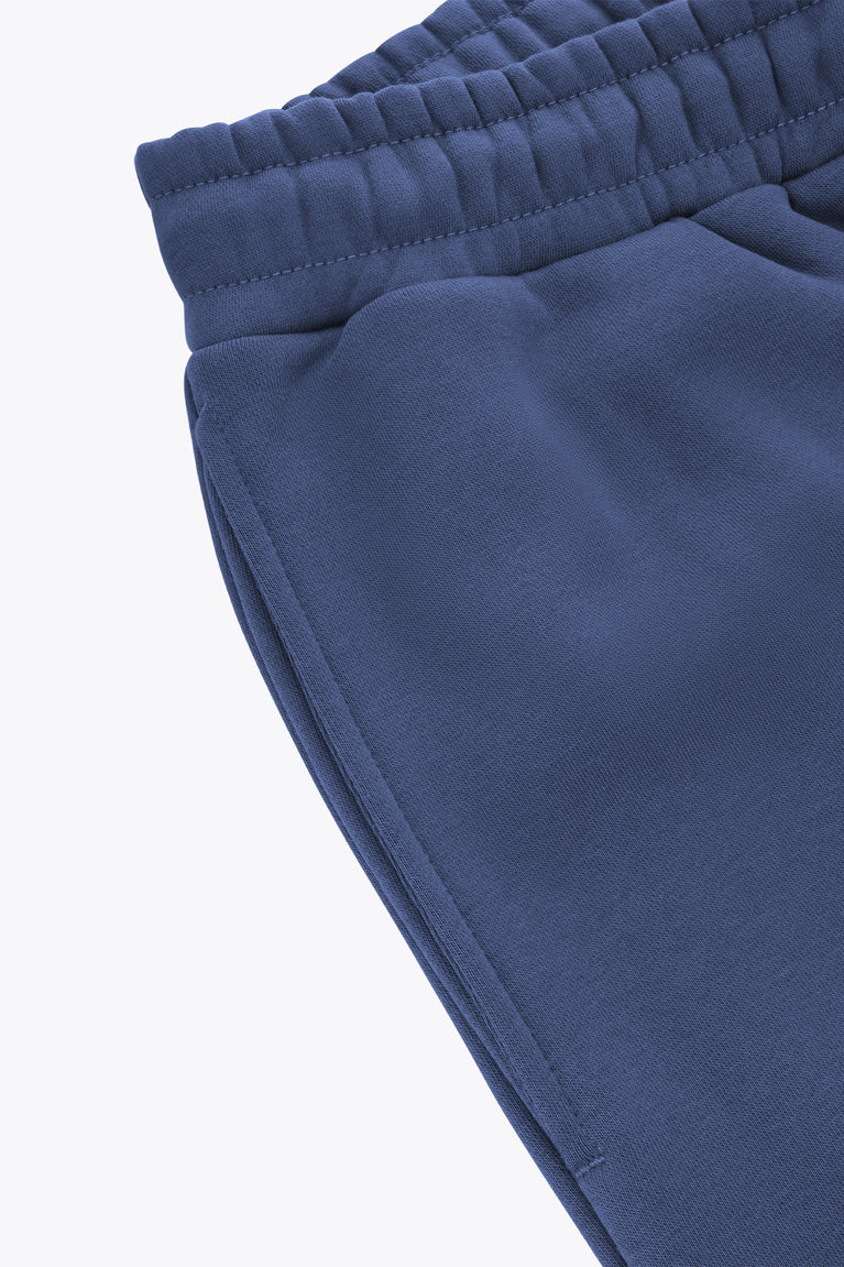 Blue wide-leg sweatpants with elastic waistband and side seam detail