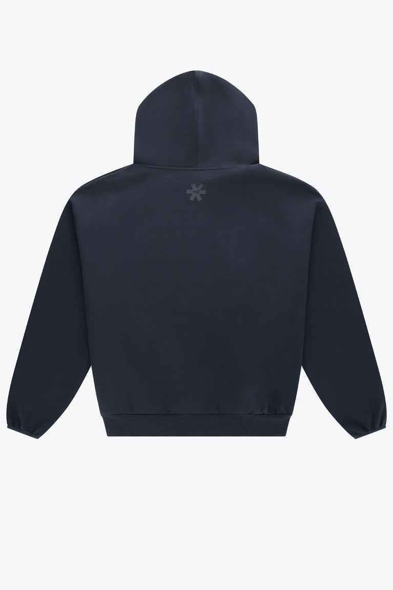 Navy unisex knit hoodie, back view with small emblem under the hood