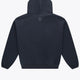 Navy unisex knit hoodie, back view with small emblem under the hood