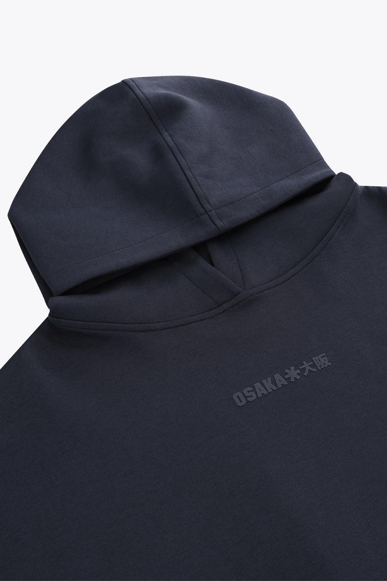 Navy unisex knit hoodie hood and chest graphic detail