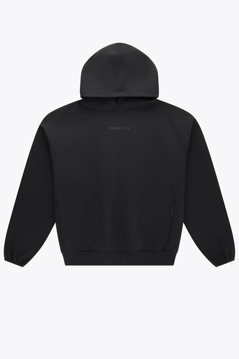Black unisex hoodie with pullover hood and kangaroo pocket, back view.