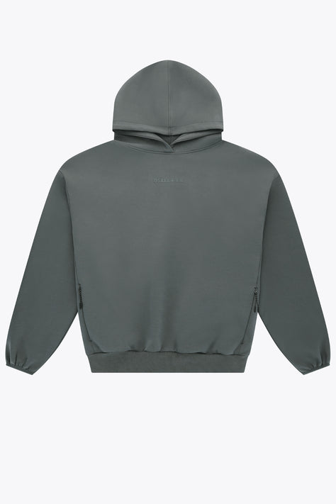 Dark grey melange unisex hoodie with kangaroo pocket, back view