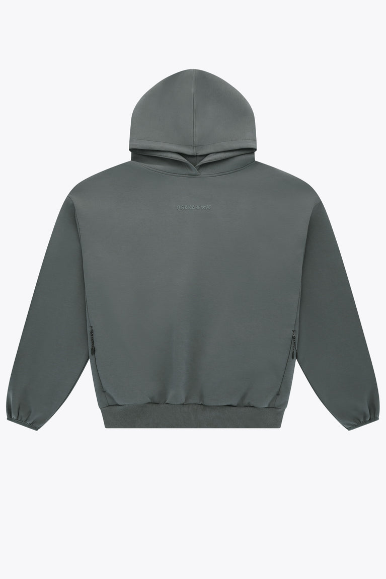 Dark grey melange unisex hoodie with kangaroo pocket, back view